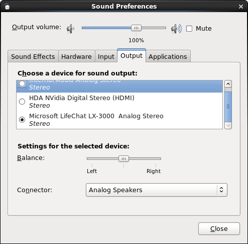 Gnome Sound Preferences Output