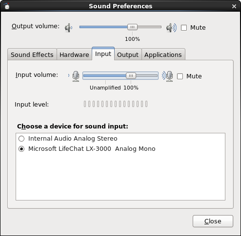 Gnome Sound Preferences Input